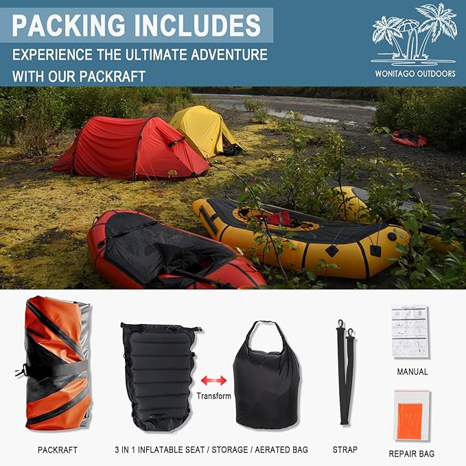 Packraft TPU Inflatable Travel Kayak with Soft Seat Lightweight Packrafts for Flat Water Rafting/Bicycle Drifting/Litewater Dinghy, 1 Person