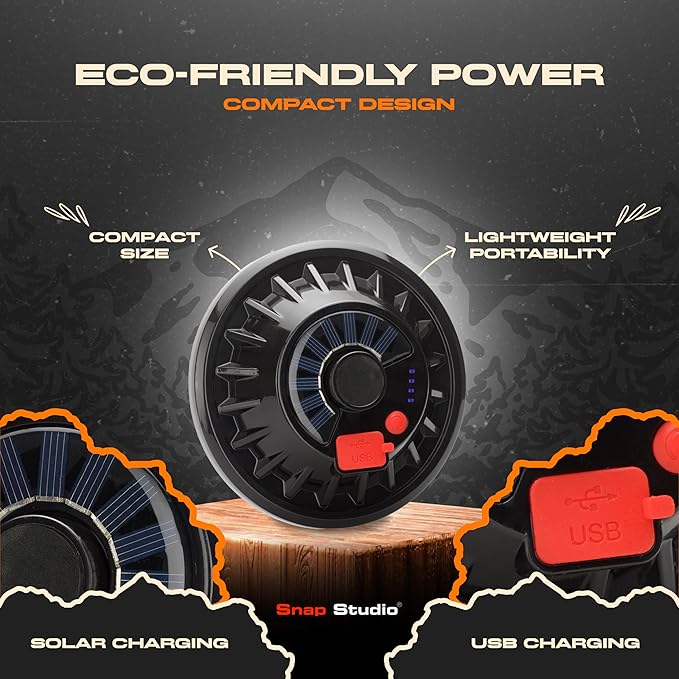 2 Pack Tent Lights for Camping - Solar Powered, Rechargeable USB, 3 Brightness Levels, Remote Control - Splash Proof IP44 Rated ABS Water Resistant Canopy LED Lights with Chrome Hook