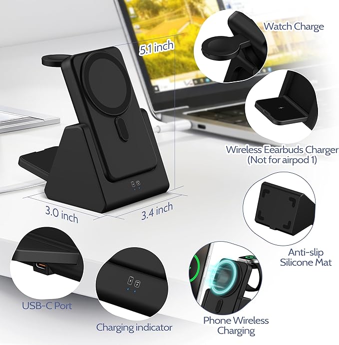 3-in-1 Wireless Charging Station: Portable 5000mAh Power Bank Charger Compatible for Phone Air/17/16/15/14/13/12 Series and Watch - Detachable Magnetic Charging Stand Black