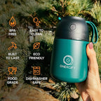 ENERGIFY Vacuum Insulated Food Jar. Large 17oz Bowl incl. Folding Spoon, Cup. Wide Mouth Keep Hot & Cold Drinks Soup Lunch Container for Adults. BPA-Free Stainless Steel, Leak Proof Olive Green