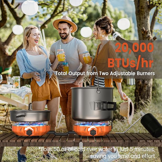 20,000 BTUs 2 Burner Propane Camping Stove, Portable Folding Camp Stove with Adjustable Burners, Regulator and Carrying Bag, Dual Gas Stoves Easy Carrying Handle for Tailgating, Camping, BBQ