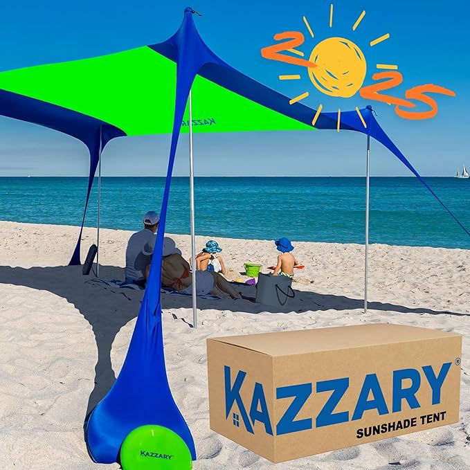 Beach Tent UPF50+ Sun Shade Canopy with Sandbags, 4 Stability Poles, Ground Pegs, Flying Disc Sand Shovel, Lightweight Sunshade Shelter, 7ft Tall for Outdoor Trips, Camping and Sports