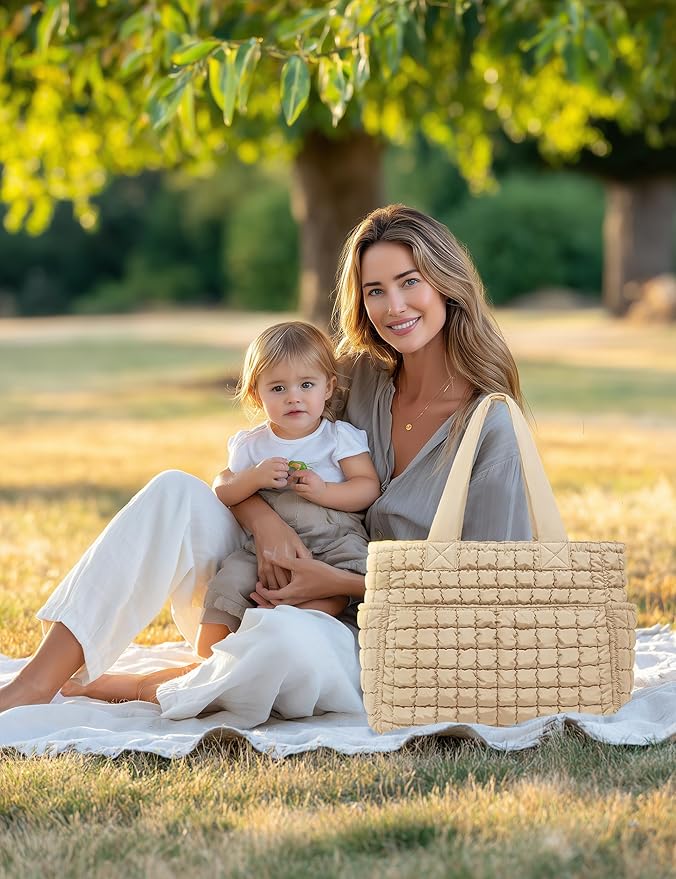 Yarnic Large Puffer Tote Bag for Women, Puffy Shoulder Handbag Quilted Tote Bag with 7 Pockets for Travel Work Gym