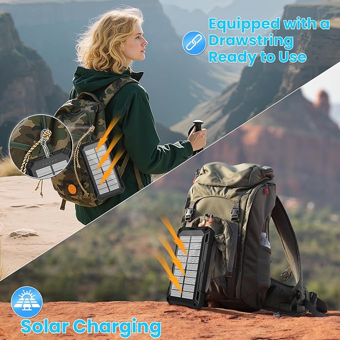 Solar Power Bank 49800mAh - Wireless Portable Charger 15W Fast Charging with 4 Built-in Cables. Equipped with a Powerful Flashlight, IP65 Outdoor Waterproof Power Bank Perfect for Camping, Hiking