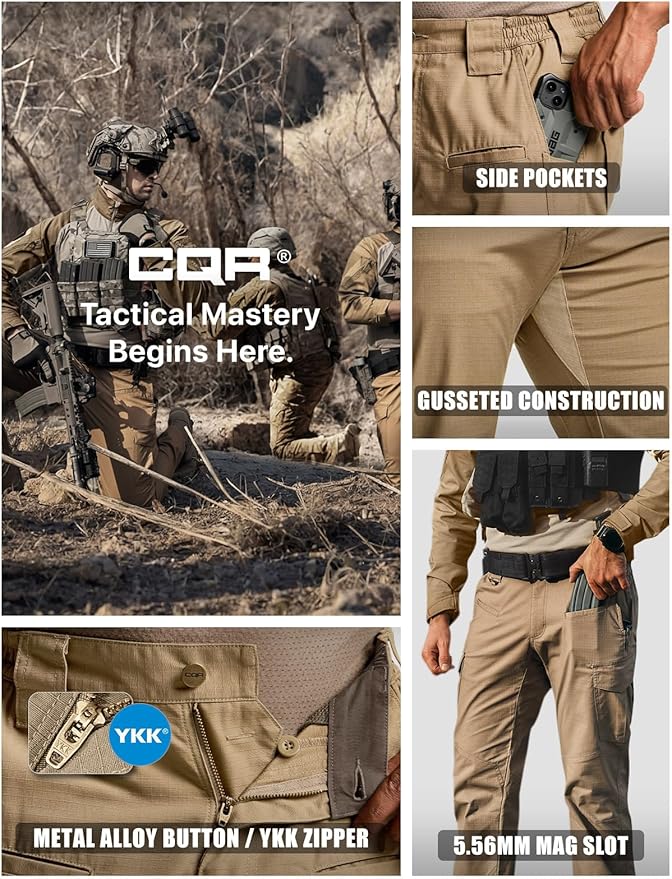 CQR Men's Flex Ripstop Tactical Pants, Water Resistant Stretch Cargo Pants, Lightweight EDC Hiking Work Pants