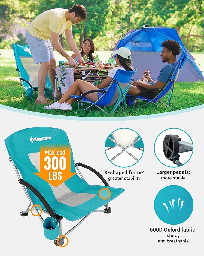 KingCamp Low Beach Chairs, Portable Folding Chair for Adults Extra Wide Ergonomic High Back Seat 300lbs Heavy Duty Lightweight Oversized Gear with Carry Bag for Outdoor Lawn Camping Picnic