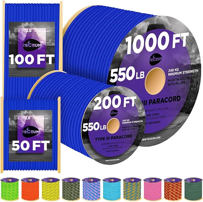TECEUM 5/32" Paracord Rope 1000 – 1000ft / 200ft / 100ft / 50ft – Tactical Parachute Cord 4mm – 45+ Colors – Nylon String for Survival & Camping Gear – Stripe Cord for Survival – Utility Rope