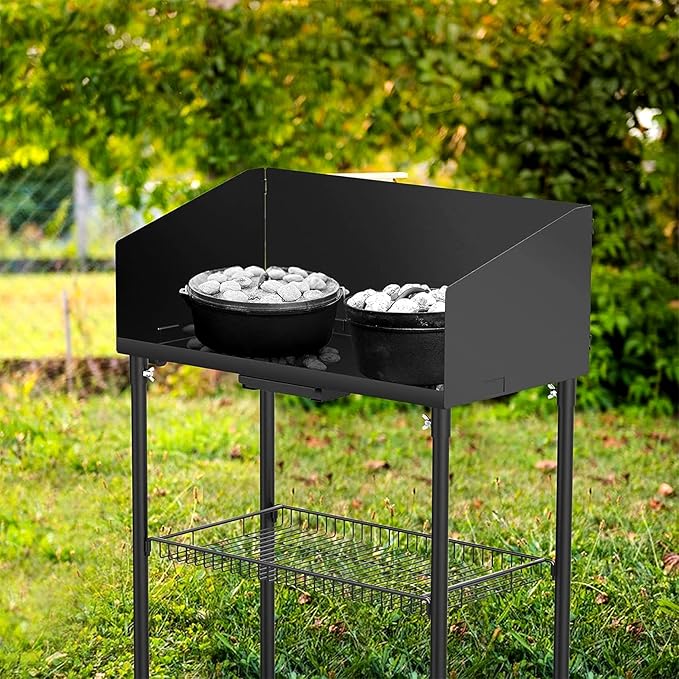 only fire Outdoor Camp Cooking Table for Dutch Ovens and Food Preparation, Collapsible Grill Table Camping Kitchen Station with Side Windscreen & Storage Basket for Backyard BBQ Picnic RV