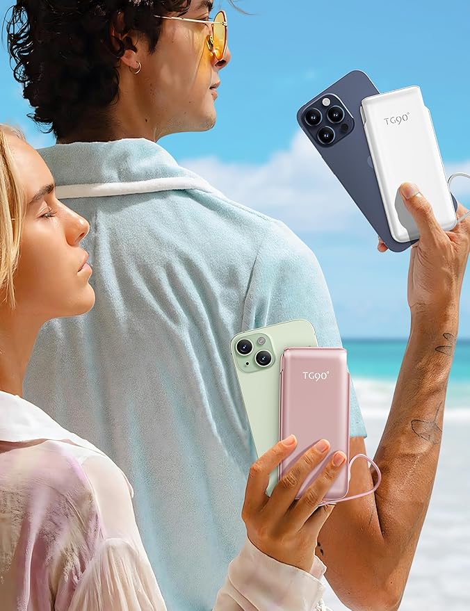 2-Pack 10000mAh Phone Portable Charger Power Bank, Built in 2 Cables and AC Wall Plug, Fast Slim USB C Charging Battery Pack Power Bank Compatible with iPhone, Android, White & Pink