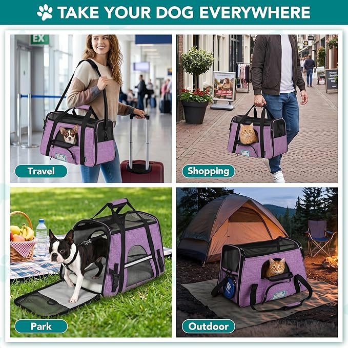 PetAmi Airline Approved Pet Carrier for Cats & Small Dogs, Soft Sided TSA Travel Carrier Bag with Sherpa Bed, Breathable Mesh Ventilation, Collapsible Bowl, Up to 18 lbs, Small Heather Purple