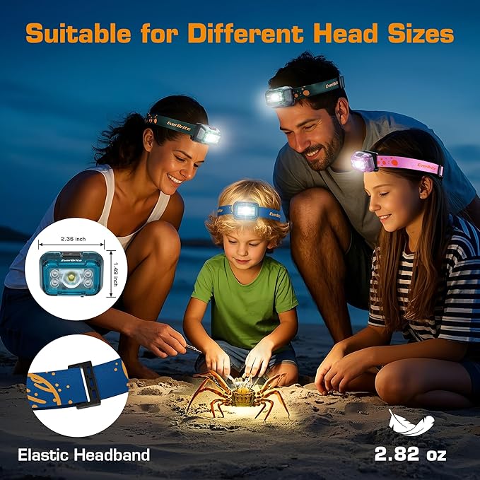 EverBrite Rechargeable Headlamp, 2 Pack Kids Headlamp with White/Red/Green Light and Memory Function, Head Lamp for Adult and Kid with 5 Modes, 120° Adjustable LED Headlamp for Camping, Running-Blue