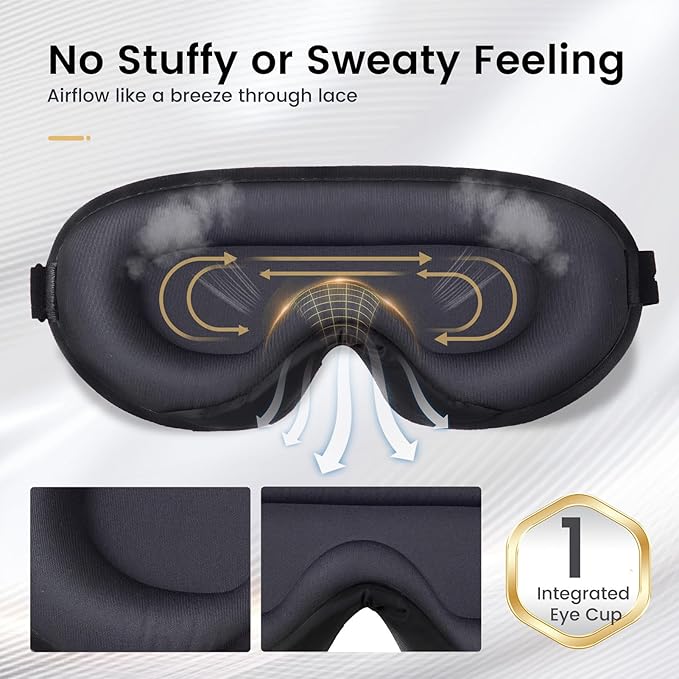 ringchan True Blackout Eye Masks for Sleep, Office Nap or Long Flight Trip, Zero Pressure on Eyeballs and Eyelids, Conveniently Adjustable Strap, Soft and Comfortable Night Blindfold - Jet Black