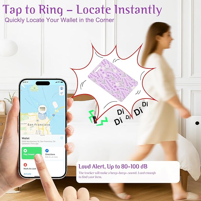 Wallet Tracker Card (iOS Only), Rechargeable Bluetooth Smart Tracking for Apple Find My Compatible Anti Tracker for Men Women Slim Item Locator for Purse Passport Key Luggage Tag (1Pcs/Purple FLR)