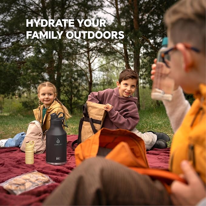 IDEUS Insulated Stainless Steel Water Bottle with 2 Leak-Proof Lids, Thermal Water Flask for Hiking Biking, 64oz, Black