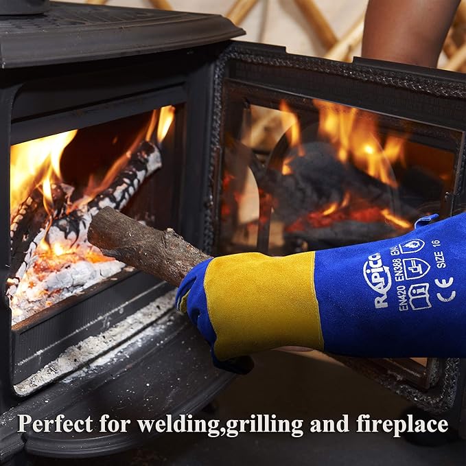 RAPICCA Welding Gloves Fire Heat Resistant: Blue 16IN 932℉ - Fireproof Leather For Stick Mig Flux-Core Welder Forge Blacksmith Fireplace Wood Stove Fire Pit Grill Oven Furnace Handling Dry Ice
