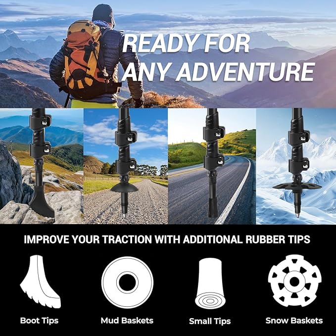 Lightweight Aircraft-Grade Aluminum Trekking Poles - 2 Sticks with Quick Lock System and Extended Down Grip Plus 12pc-Accessory Kit, Telescopic, Ultralight for Hiking, Camping, Walking, Trekking