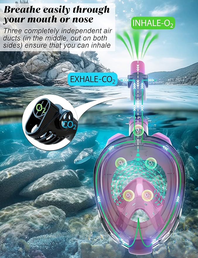 W WSTOO Full Face Snorkel Mask Adults,Suitable for Beginners Dry Top Snorkeling Gear,Can Your Mouth or Nose to Breathe,180 Degrees Panoramic View,Anti-Fog Anti-Leak,Summer Travel and Vacationing Gifts