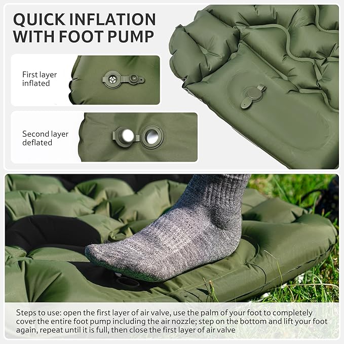 Naturehike Camping Sleeping Pad, Ultralight Inflatable Sleeping Mat with Pillow Built-in Foot Pump, 2.6 Inch Lightweight Air Mattress for Backpacking, Hiking, Traveling (Green)