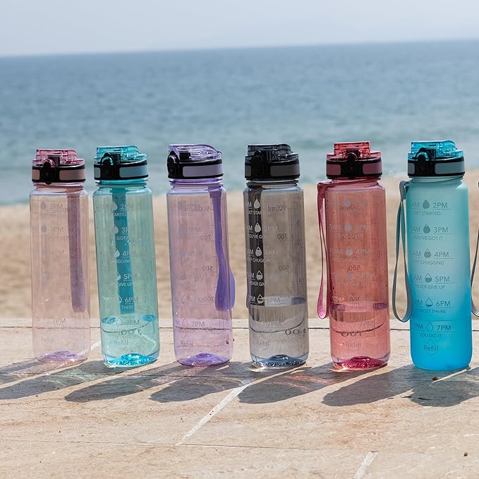 OLDLEY Water Bottle, 32oz Motivational Sports Water Bottle with Time Marker - Times to Drink - Tritan, BPA Free, Wide Mouth Leakproof,Surfer (1 Bottle)