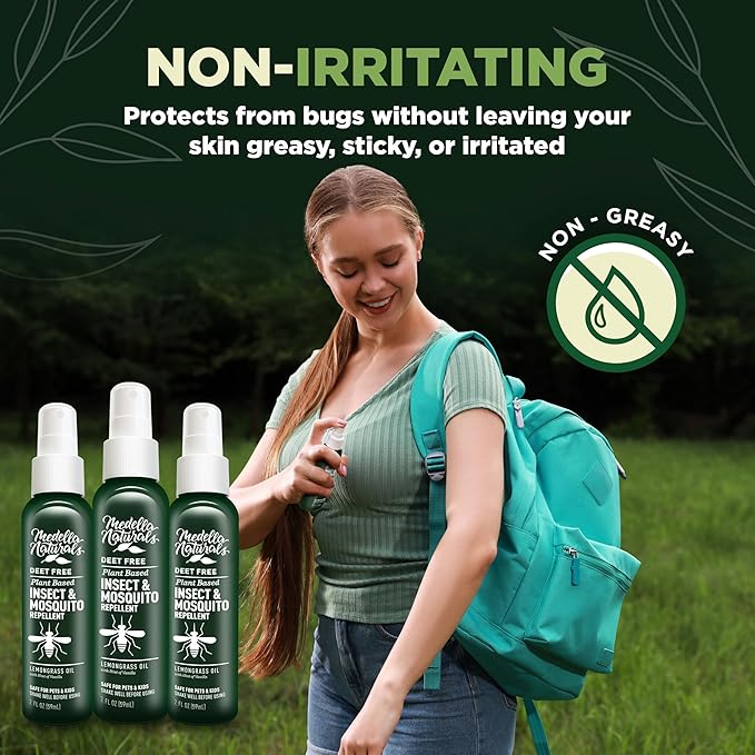 Deet-Free Insect & Mosquito Repellent Pack of 3 (2oz) – Nice Smelling Insect Repellent with Lemongrass Oil Safe for Pets and Kids – Bug Spray Against Mosquitoes, Gnats, Black Flies, and No-See-ums