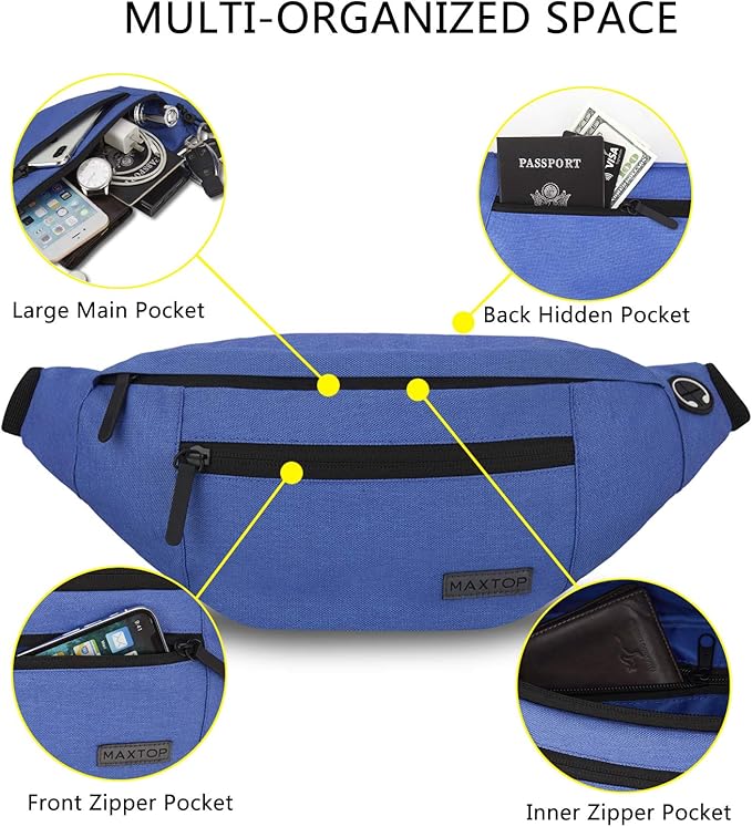 MAXTOP Large Crossbody Fanny Pack with 4-Zipper Pockets,Gifts for Enjoy Sports Festival Workout Traveling Running Casual Hands-Free Wallets Waist Pack Phone Bag Carrying All Phones