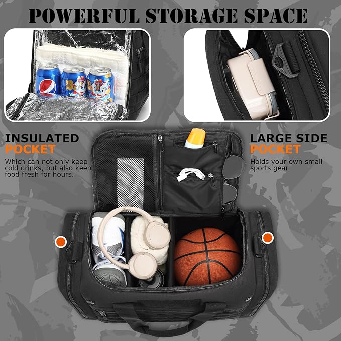 45L Large Duffle Bag for Men & Women, Tactical Military Duffle Bag for Travel Weekender, Gym Bag, Large Sports Bag for Hockey Football Baseball Soccer Basketball & Team Training, Black