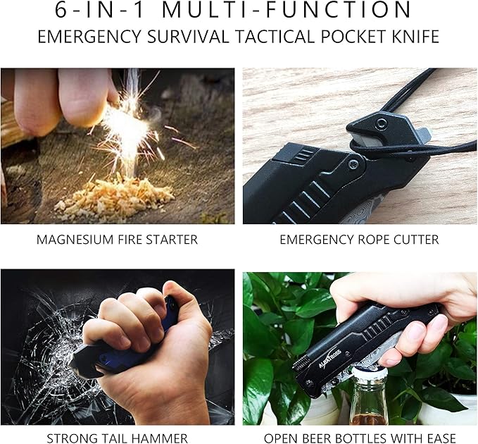 ALBATROSS 6-in-1 Modern Damascus Steel Folding Pocket Knives with LED Light,Seatbelt Cutter,Glass Breaker,Magnesium Fire Starter,Bottle Opener;Multi-Function Emergency Tool(Black-DA)