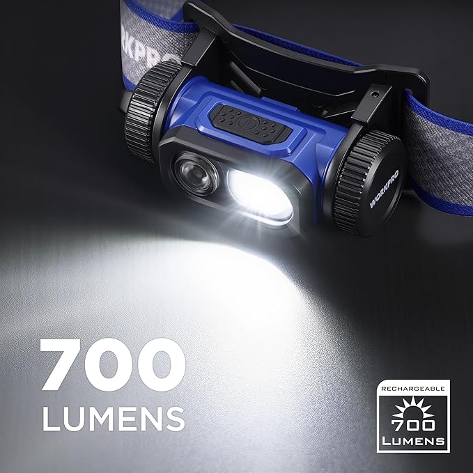 WORKPRO Rechargeable Headlamp, 700LM Super Bright Head Lamp with Motion Sensor, Memory Function, Turbo Mode, Waterproof Headlight for Camping, Hiking, Running, Repair