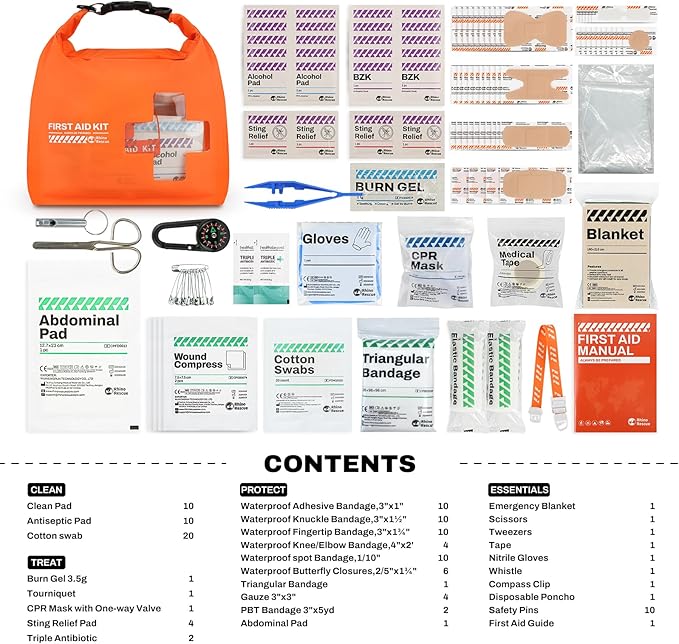 RHINO RESCUE Waterproof Boat First Aid Kit, Lightweight Boat Accessories Dry Bag, Emergency Marine Survival Supplies for Outdoor Kayak, Fishing, Floating, Swimming, Beach & Camping (Orange)