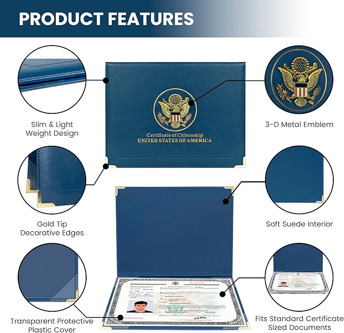 US Citizenship Certificate & Passport Holder | US Citizenship Gift Ideas | New US Citizen Gift | Naturalization Certificate Holder and RFID Passport holder w/ 3D Metal Emblem