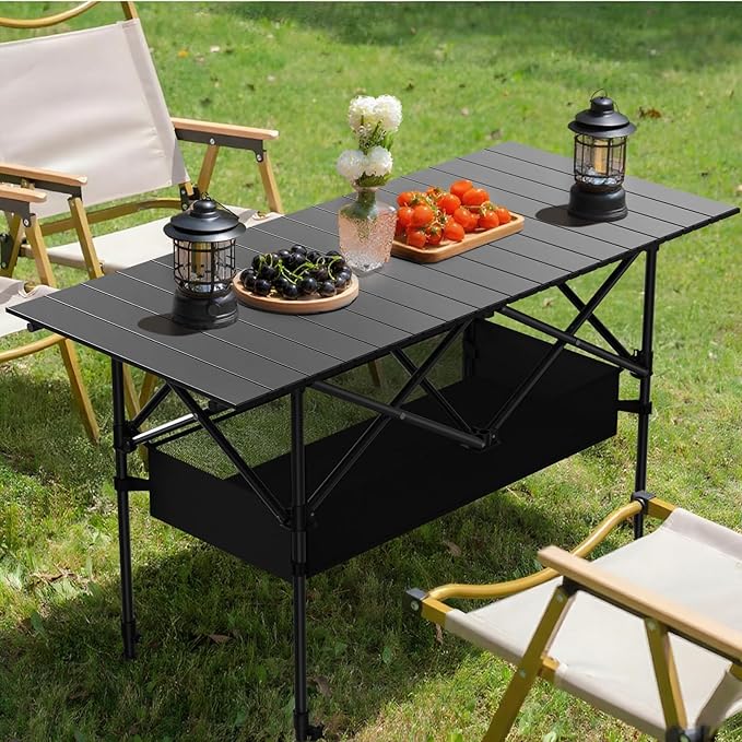 Folding Camping Table,Portable Roll-up Picnic Table with Carry Bag & Mesh Storage,Lightweight Camp Table for Camping,Picnic,Backyard,Party,Patio,BBQ