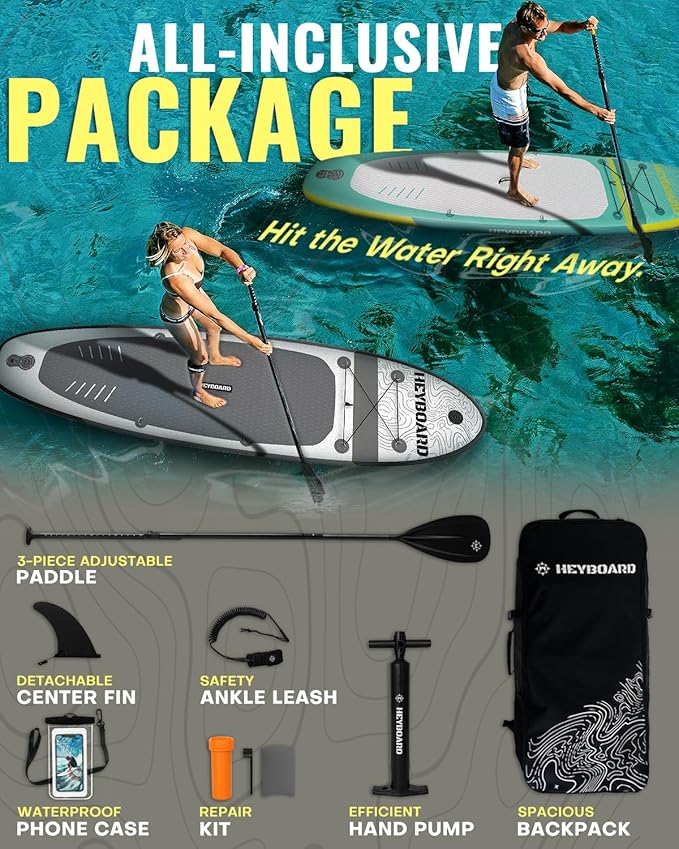HEYBOARD Inflatable Stand Up Paddle Board 10'6"×32"×6" Standup Paddleboard with Premium SUP Accessories & Backpack, Non-Slip Deck, Waterproof Bag, Leash, Paddle, Hand Pump