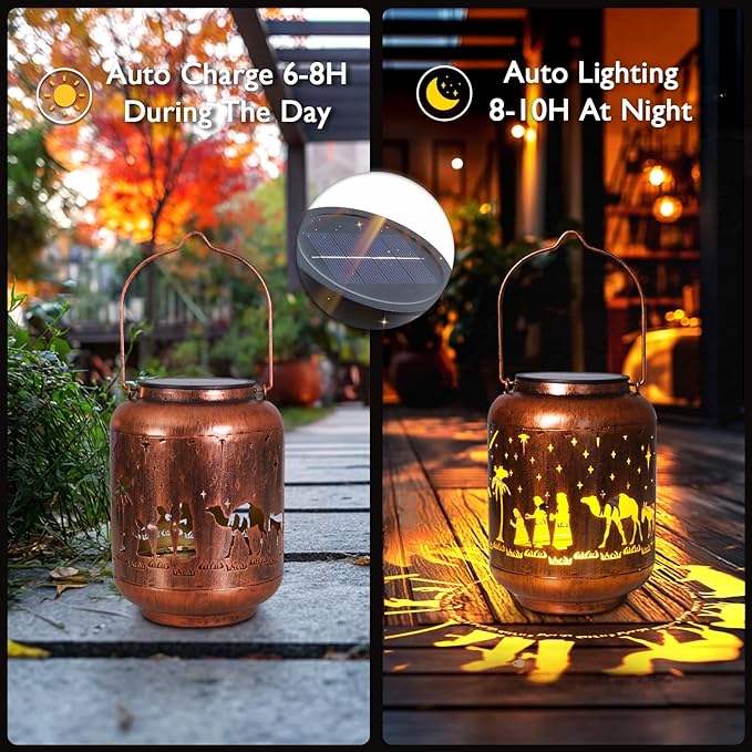 Homemory Solar Lanterns Christmas Nativity Scene Lights Outdoor Waterproof Garden Decor Women Gifts for Birthday, LED Hanging Solar Lights Metal Lantern Decoration Outside for Yard, Patio, Porch