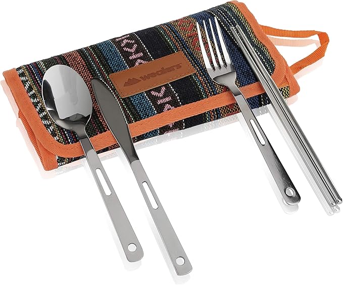 13 Piece Stainless Steel Family Cutlery Picnic Utensil Set with Travel Case for Camping | Hiking | BBQs - Includes Forks | Spoons | Knifes | Chopstick, Plus Nylon Commuter Case (Orange)