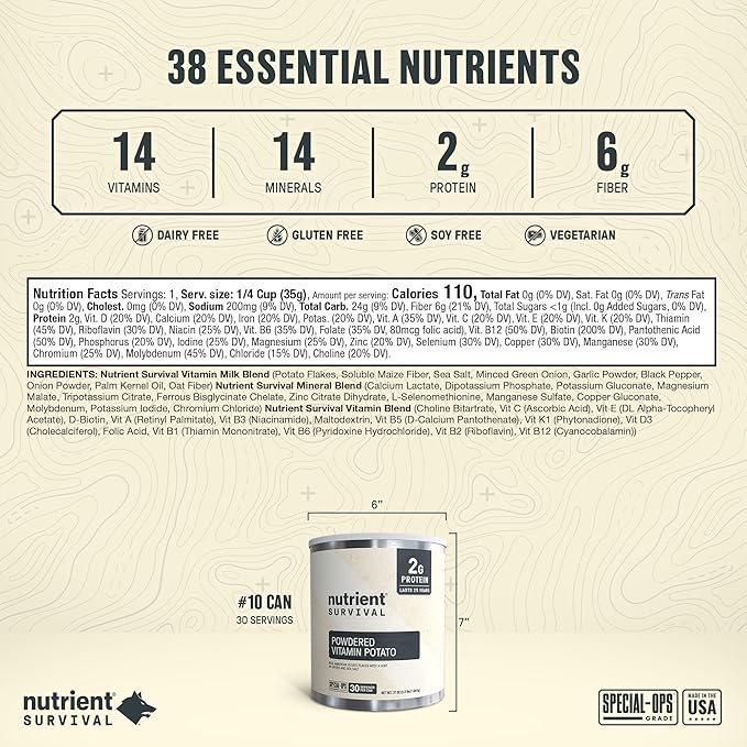 Nutrient Survival Potato Flakes, Powdered Vitamin Potato (30 Servings) for Mashed Potatoes, Soups, Emergency Food Supply & Camping Supplies, 38 Nutrients, Shelf Stable Up to 25 Years, One Can