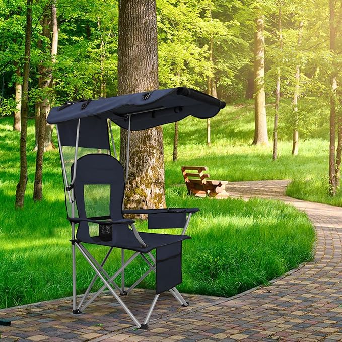 BDL Camping Chair with Canopy Shade Portable Folding Beach Chairs with Cooler, Mesh Backrest, Cup Holder, and Pocket for Camping, Fishing, Beach, and Sports,Blue