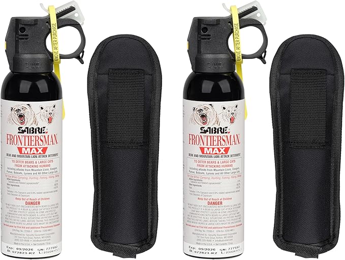 SABRE Frontiersman MAX Bear Spray – 40 ft Range, Maximum Strength, The Only EPA-Registered Spray for Bears & Mountain Lions, 7.9 oz, Glow Safety Clip, Outdoor Hiking & Camping Protection