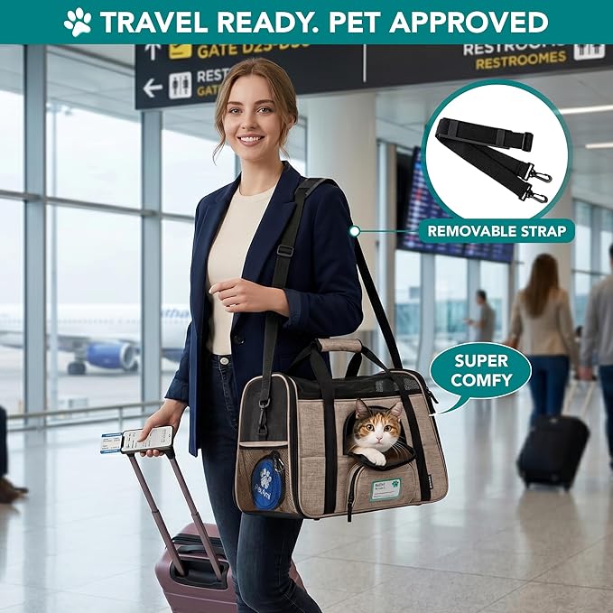 PetAmi Airline Approved Pet Carrier for Cats & Small Dogs, Soft Sided TSA Travel Carrier Bag with Sherpa Bed, Breathable Mesh Ventilation, Collapsible Bowl, Up to 18 lbs, Small Heather Taupe