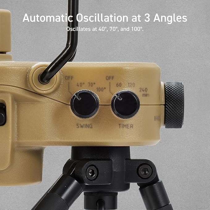 ELECOM NESTOUT Outdoor Camping Fan with Tripod, 4 Speed Settings & Breeze Mode, 3 Angle Oscillation, 90° Adjustable Tilt, Auto Timer (30/60/90 mins), USB C Compatible, Portable Tent Fan (Beige)