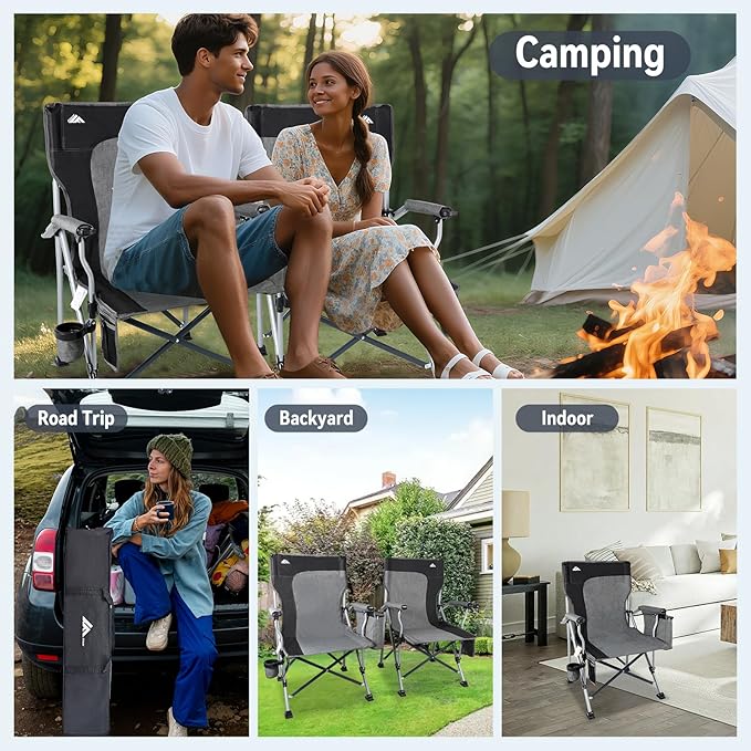 Ablazer 2-Pack Camping Chairs for Adults, Support 350LBS Lawn Chairs with Cup Holder & Cooler Bag, Folding Chairs for Outdoor, Fishing, RV Trip
