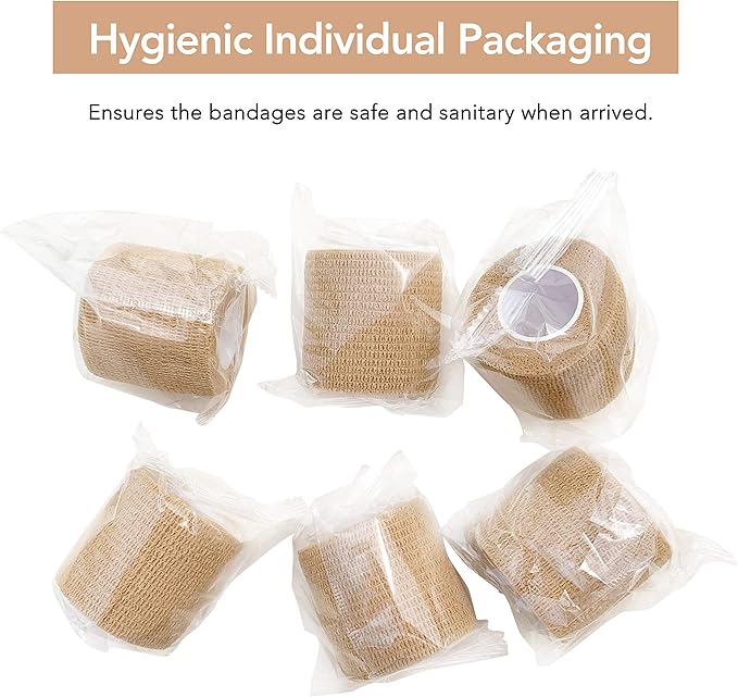 RISEN Cohesive Bandage 2” x 5 Yards, 6 Rolls, Self Adherent Wrap Medical Tape, Adhesive Flexible Breathable First Aid Gauze Ideal for Stretch Athletic