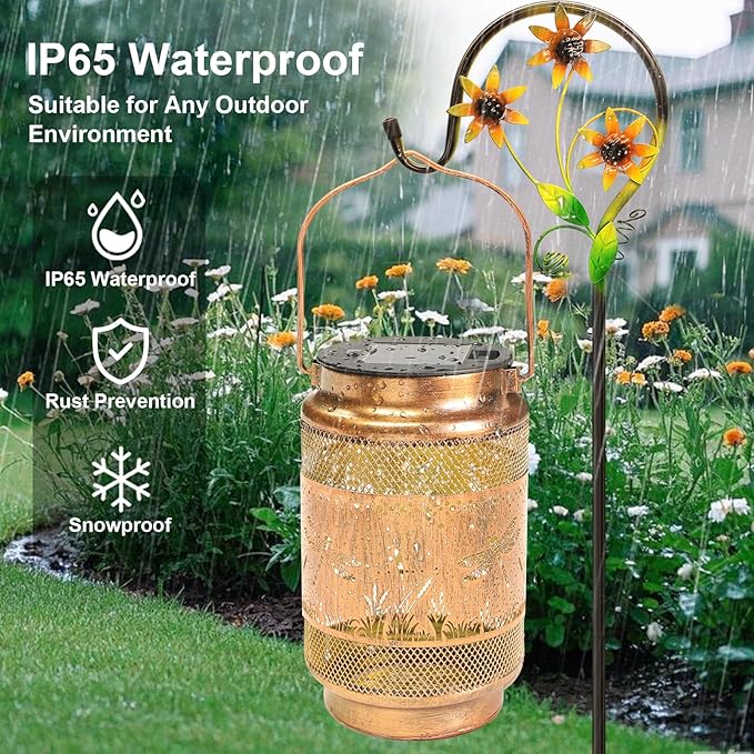 2 Pack Dragonfly Solar Lanterns Outdoor Waterproof Solar Garden Decor, Birthday Gifts for Women Mom Grandma, Metal Hanging Lights with Shepherd Hook for Outside Yard Patio Pathway Backyard Porch