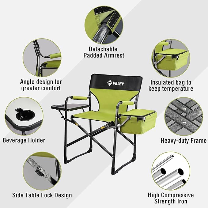 VILLEY Heavy Duty Directors Chair, Folding Camping Chairs, with Cooler Bag Portable Foldable Chair, for Camp Tailgating Lawn Picnic Fishing Beach, Supports 400 LBS, Green