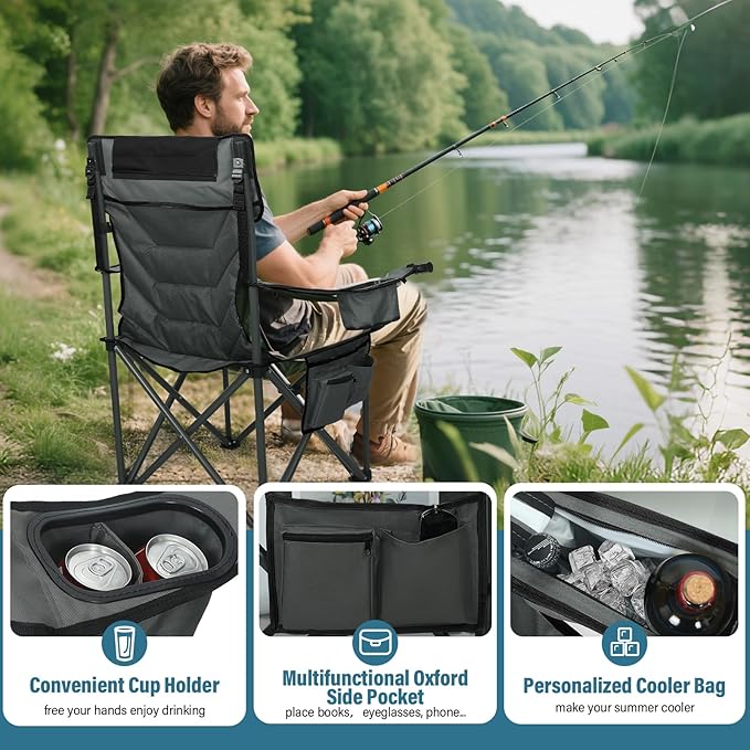 Oversized High-Back Camping Chairs with Pillow, Dual Cup Holders & Cooler Bag - Heavy Duty Foldable Outdoor Chair for Adults, Picnic, Fishing, Backyard, Sports （BlackGrey）