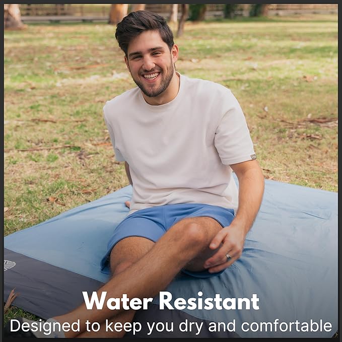 ECCOSOPHY Sand Proof Beach Blanket - Waterproof Picnic Blanket 60x55-Outdoor Compact Pocket Blanket-Lightweight Ground Cover for Hiking, Camping, Festivals, Sports, Travel-with Bag & Stakes (Denim)