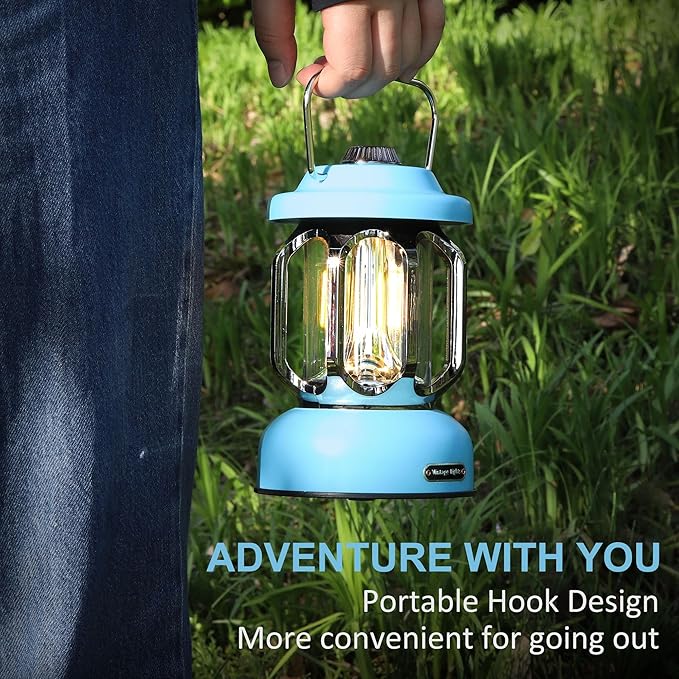 Rechargeable LED Camping Lanterns, 2000mAh Vintage Camping Lights Battery Operated Rechargeable , Hanging Retro Metal Hiking Tent Lamp for Emergency, Hurricane,Decoration,Home,Blue, 1 Pack