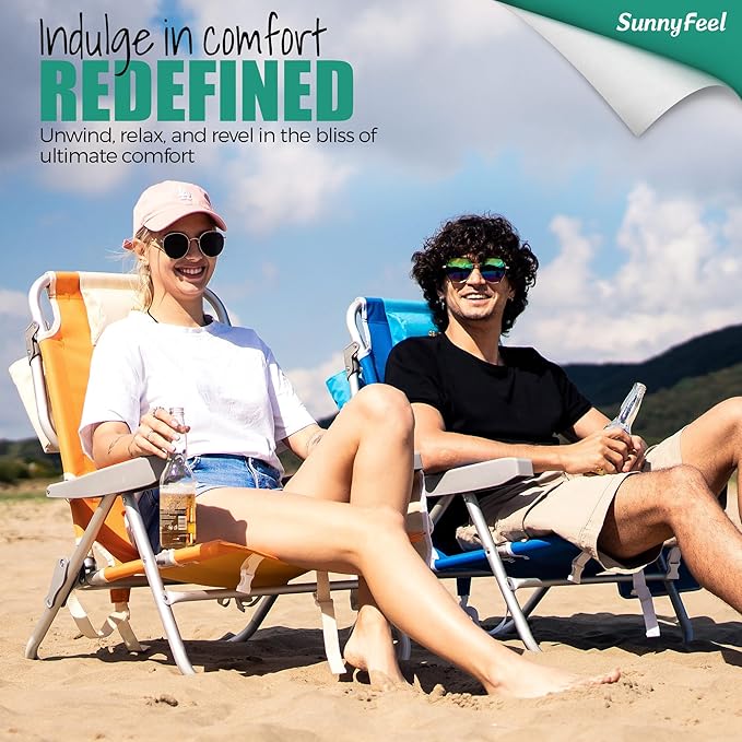 SUNNYFEEL Low Beach Chair, 5-Position Lay Flat Reclining, Backpack Portable Folding Chair with Cooler Bag & Cup Holder, Heavy Duty 350 LBS, Compact for Beach, Camping, Travel