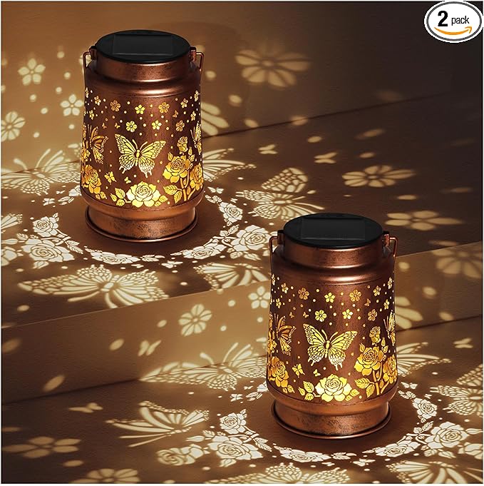 2 Pack Butterfly Solar Lanterns Outdoor Waterproof Rose Garden Decor Gifts for Women Mom Grandma Hanging Solar Lights Metal Lantern Decoration Outside for Yard,Patio,Backyard,Porch
