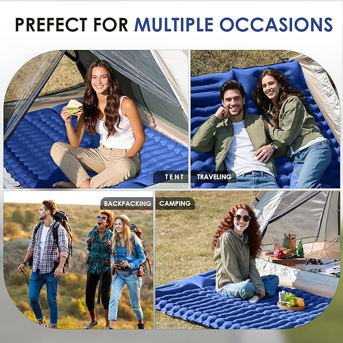 GIGART Double Sleeping Pad for Camping, Portable 4" Extra-Thick Camping Cots for Adults with Pillows & Built-in Foot Pump, Ultralight Camping Mattress for Tent Hiking Essentials Gear (Blue, Double)