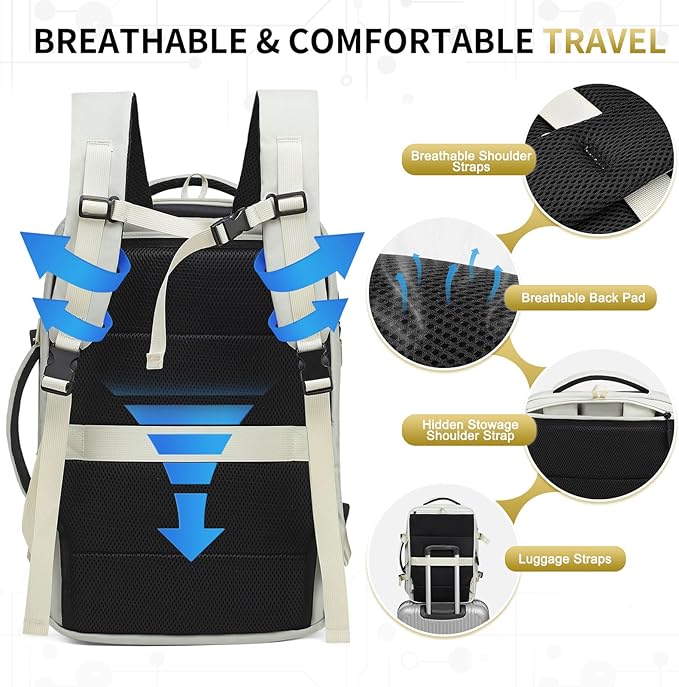 Lay Flat Carry on Travel Backpack, 30L Airline Approved, Fits 16" Laptop, USB-C & USB-A, Water Resistant, Beige